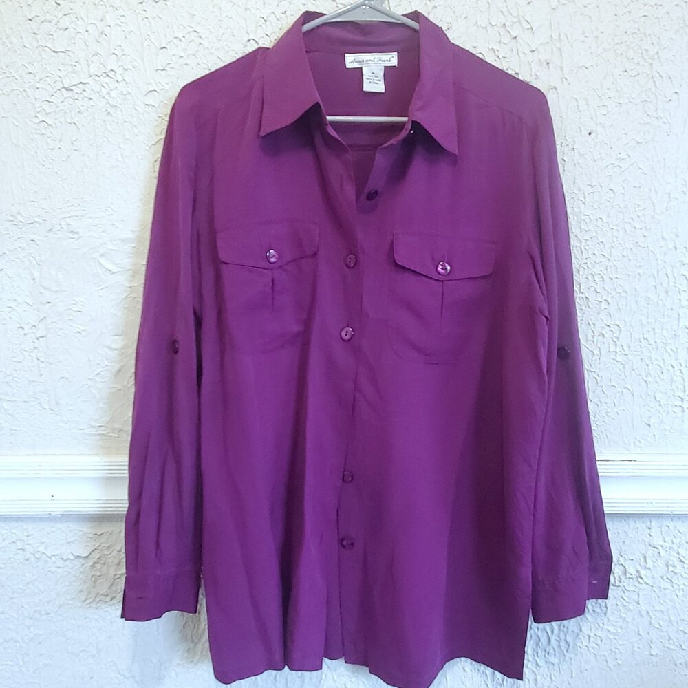 Anna and Frank Silk Boyfriend Shirt, Button Up, Purple, Size M